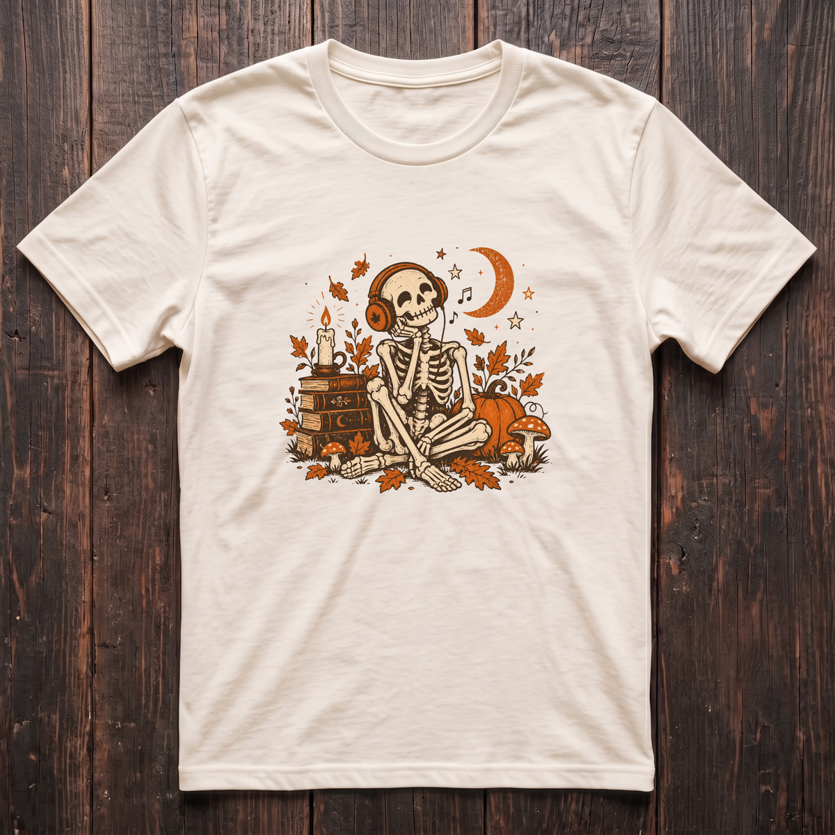 The Eternal Listener Tee: Cozy Skeleton Autumn T-shirt